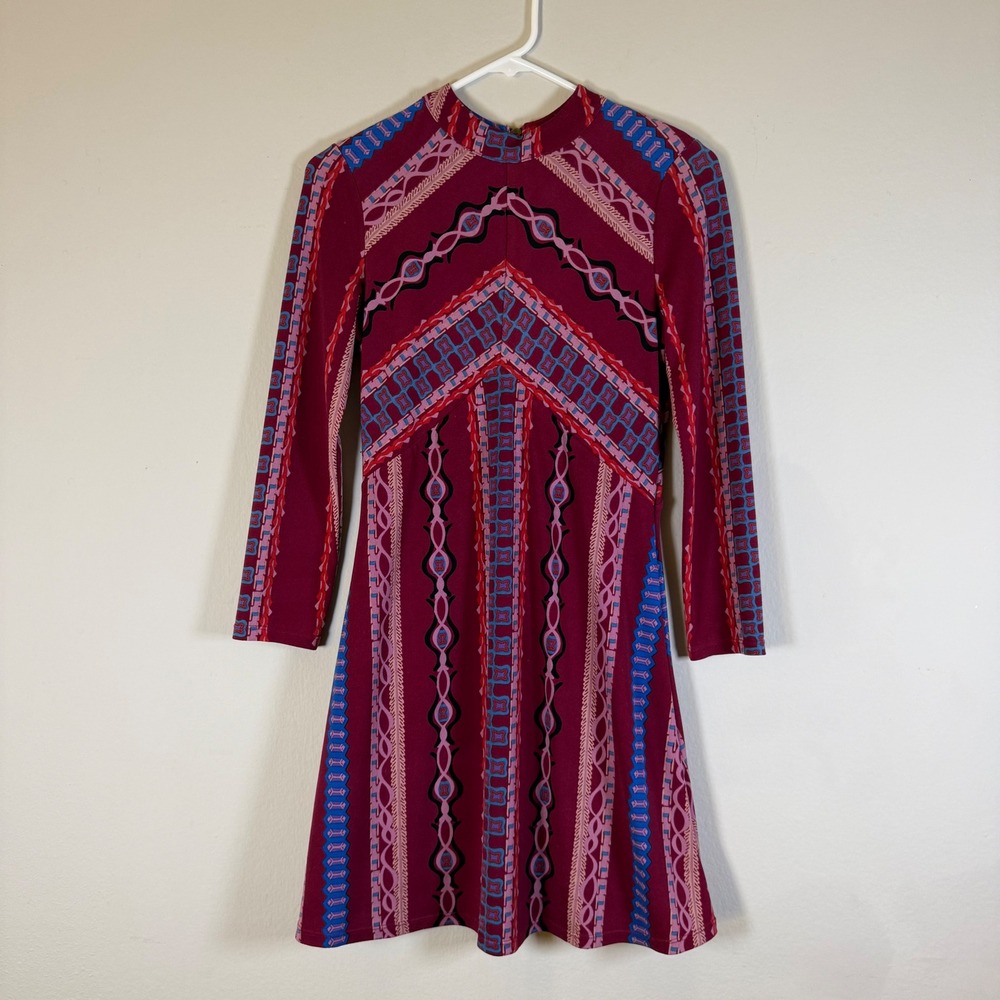 Free People Womens XS Pink Geometric Tribal Mock Neck Mini Dress Long‎ Sleeve